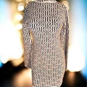 Black & White Greek Key Knit Mock Neck Bodycon Long Sleeve Mini Dress M